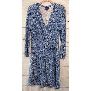 Pendleton Blue White Geometric Floral Faux Wrap Dress Long Sleeve LG TJ288-68711